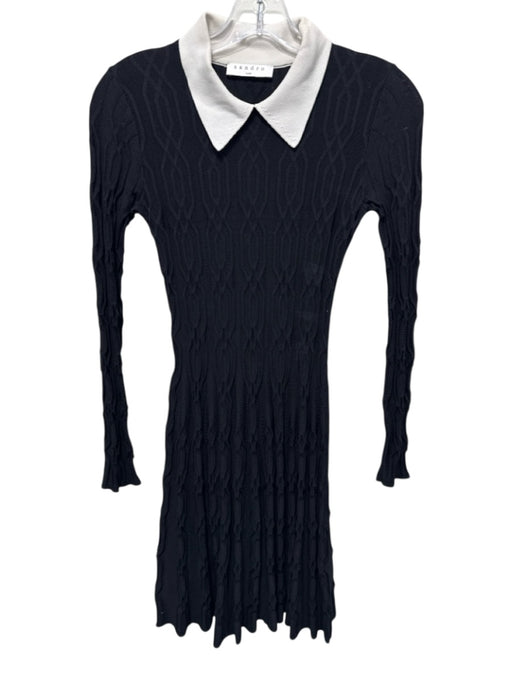 Sandro Size 2 Black & White Viscose Blend Knit Contrast Collar Long Sleeve Dress Black & White / 2