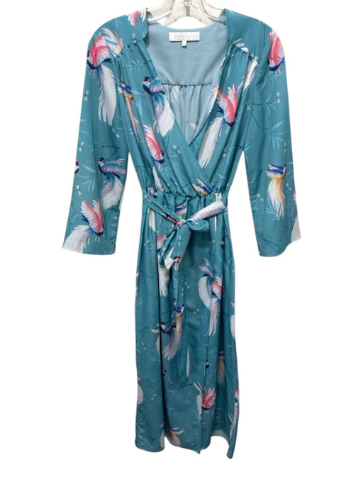 Borgo De Nor Size 8 Blue, White, Pink Polyester Wrap Birds Surplice Midi Dress Blue, White, Pink / 8