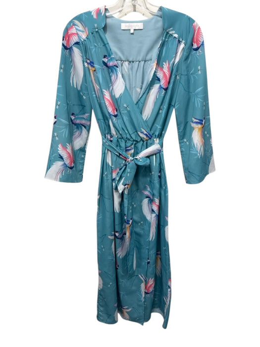 Borgo De Nor Size 8 Blue, White, Pink Polyester Wrap Birds Surplice Midi Dress Blue, White, Pink / 8