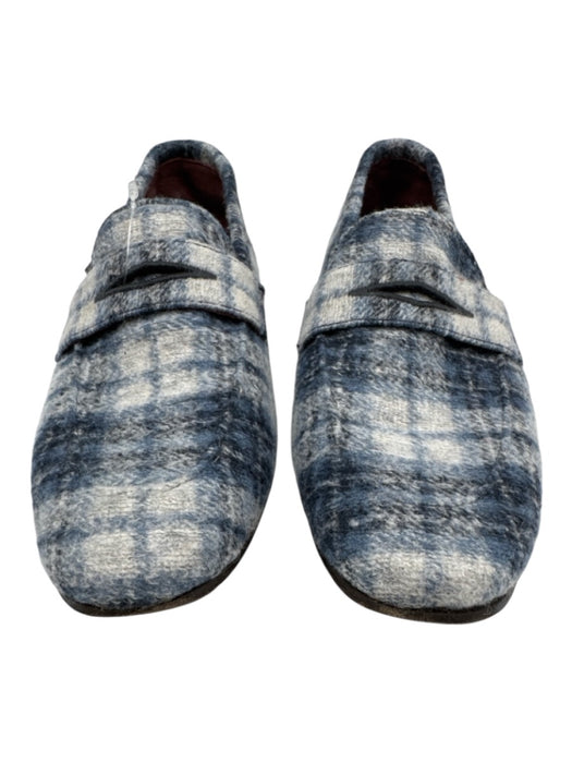Bougeotte Blue & Cream Wool Leather Insole Plaid Loafer Shoes Blue & Cream