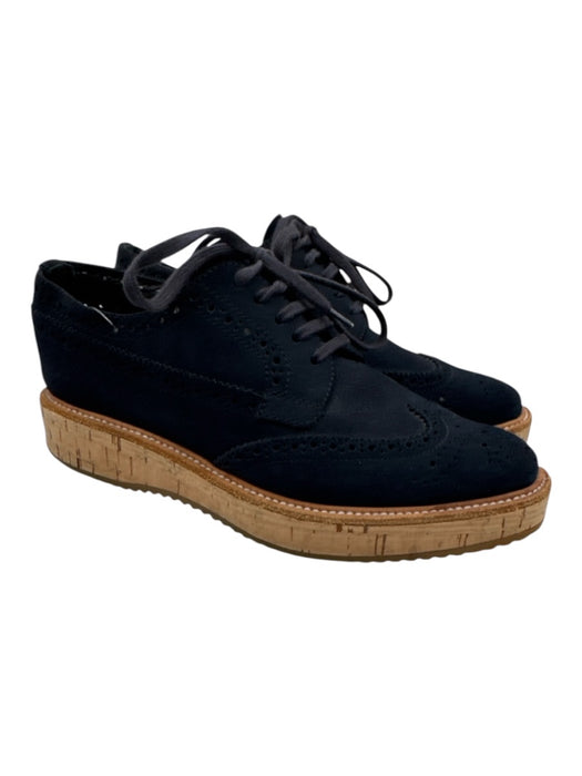 Prada Shoe Size 36.5 Blue & Brown Suede Cork Sole Lace Up Oxford Shoes Blue & Brown / 36.5