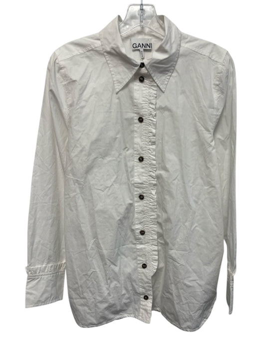 Ganni Size Est M White Cotton Ruffle Detail Button Down Shirt White / Est M