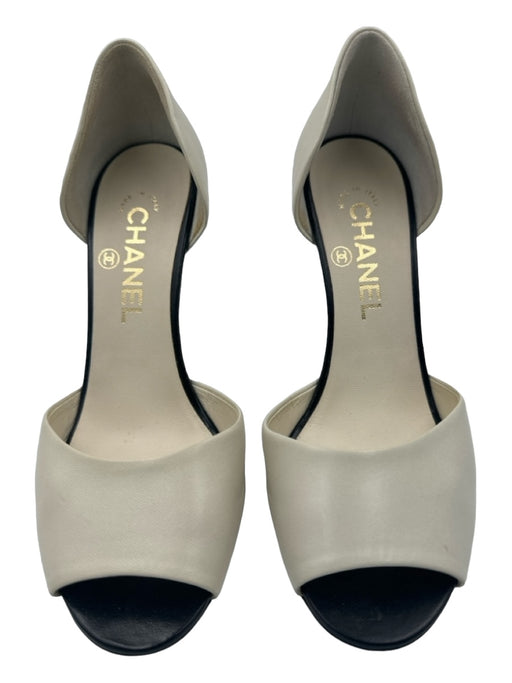 Chanel Shoe Size 36.5 Black & White Lambskin Peep Toe Pearl Detail D'orsay Pumps Black & White / 36.5
