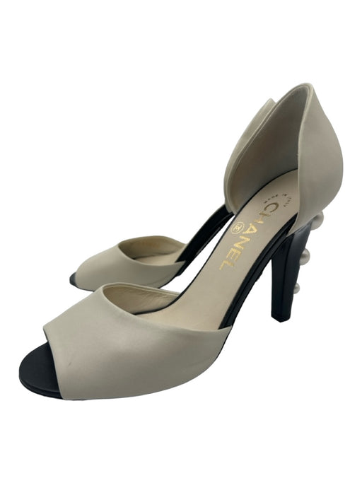 Chanel Shoe Size 36.5 Black & White Lambskin Peep Toe Pearl Detail D'orsay Pumps Black & White / 36.5