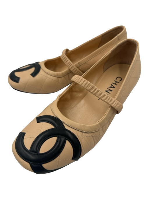Chanel Shoe Size 36.5 Beige & Black Leather Quilted Ballet Logo Block heel Pumps Beige & Black / 36.5