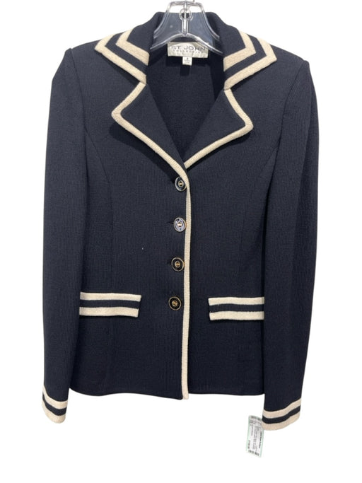 St John Collection Size 2 Black & Cream Wool Blend Knit Stripe Trim Jacket Black & Cream / 2