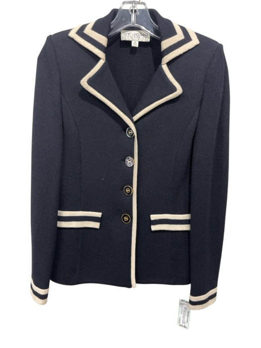 St John Collection Size 2 Black & Cream Wool Blend Knit Stripe Trim Jacket Black & Cream / 2