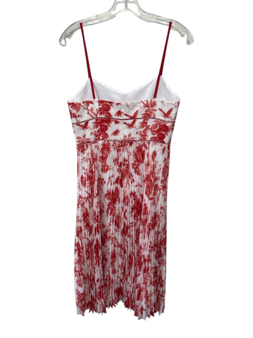 Club Monaco Size 2 White & Red Polyester floral print V Neck Pleated Midi Dress White & Red / 2