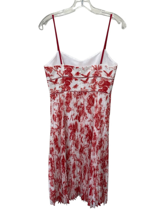 Club Monaco Size 2 White & Red Polyester floral print V Neck Pleated Midi Dress White & Red / 2