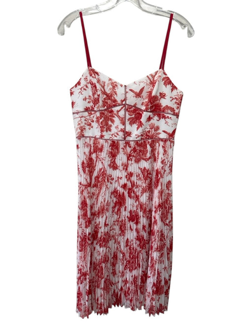 Club Monaco Size 2 White & Red Polyester floral print V Neck Pleated Midi Dress White & Red / 2