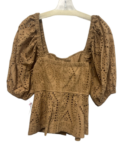 Ganni Size 36 Beige Cotton Short Puff Sleeve Eyelet Lace Buttons Peplum Top Beige / 36