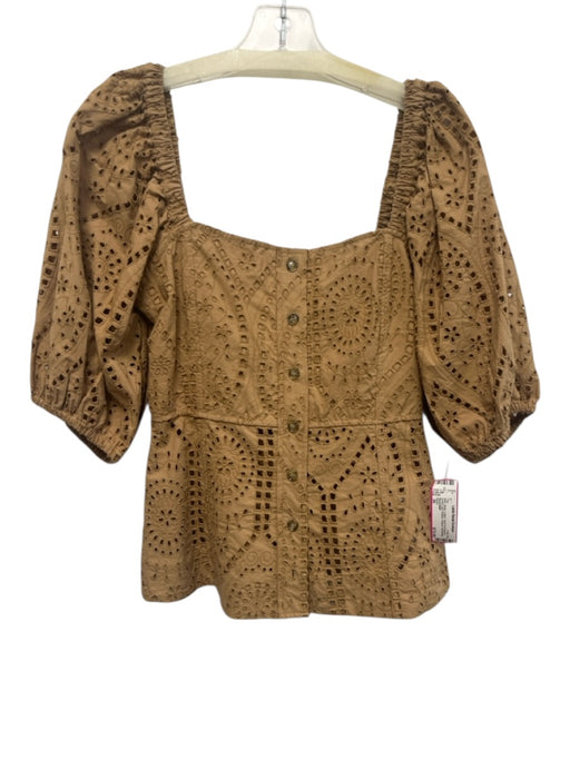 Ganni Size 36 Beige Cotton Short Puff Sleeve Eyelet Lace Buttons Peplum Top Beige / 36