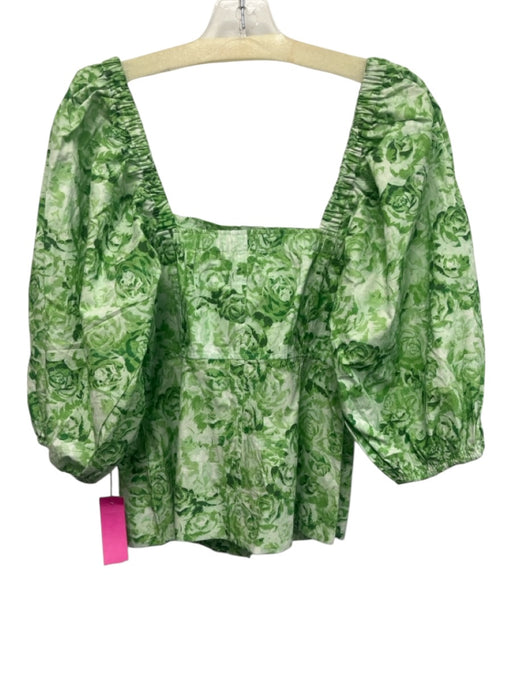 Ganni Size 36 Beige & White Cotton Short Puff Sleeve Floral Print Buttons Top Beige & White / 36