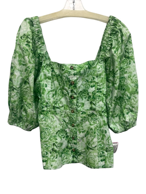 Ganni Size 36 Beige & White Cotton Short Puff Sleeve Floral Print Buttons Top Beige & White / 36