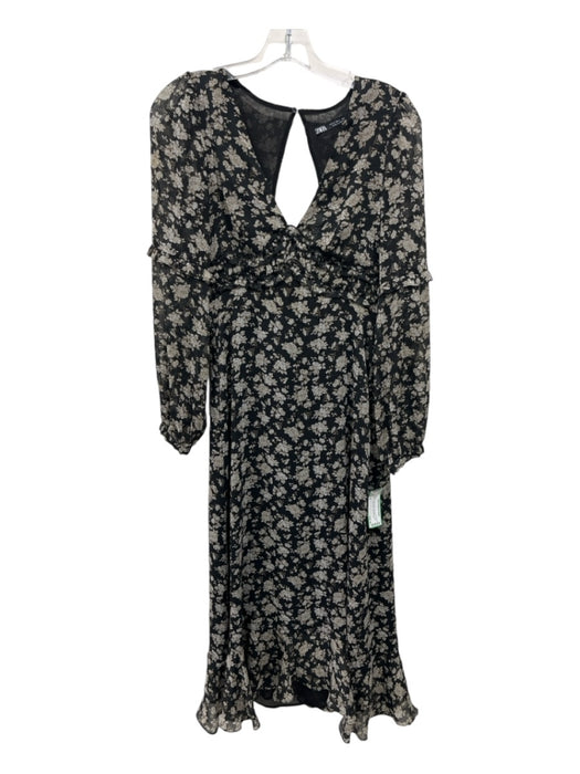 Zara Size S Black, White & Beige Polyester V Neck Floral Long Sleeve Knit Dress Black, White & Beige / S