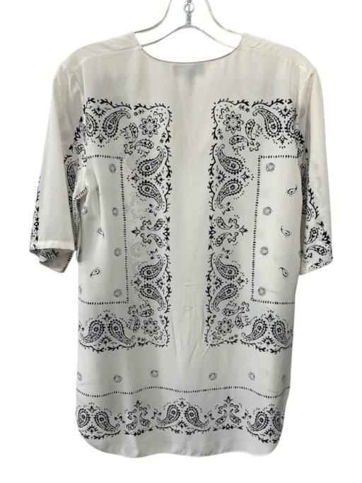 Theory Size P White & Black Silk 1/2 Sleeve Paisley Split V neck Top White & Black / P