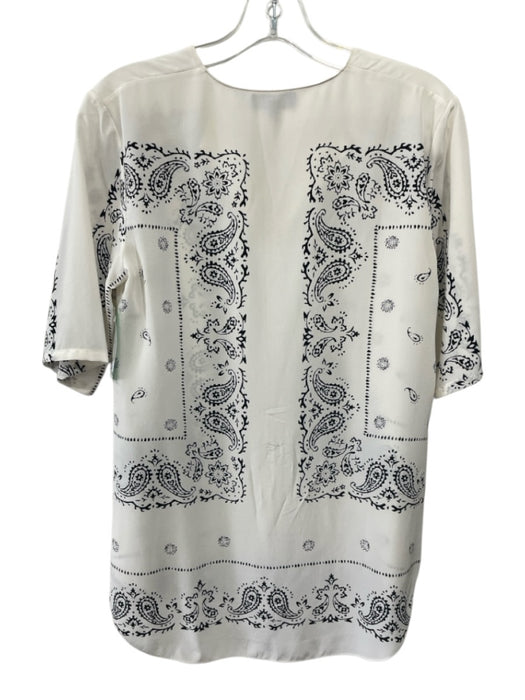 Theory Size P White & Black Silk 1/2 Sleeve Paisley Split V neck Top White & Black / P