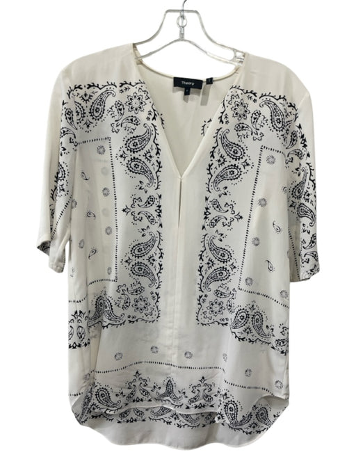 Theory Size P White & Black Silk 1/2 Sleeve Paisley Split V neck Top White & Black / P
