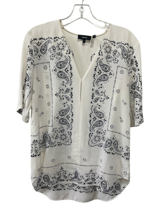 Theory Size P White & Black Silk 1/2 Sleeve Paisley Split V neck Top White & Black / P