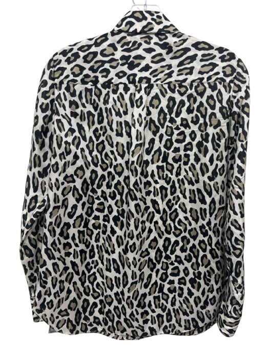 Theory Size P White, Black & Tan Silk Long Sleeve Button Up & Collar Top White, Black & Tan / P
