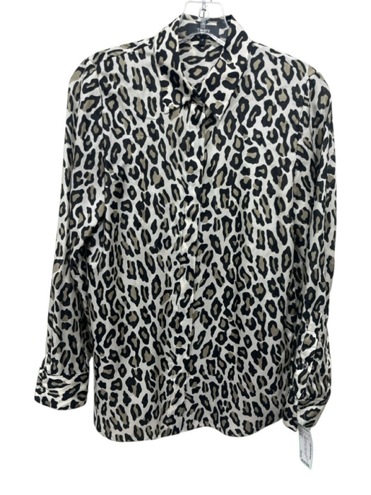 Theory Size P White, Black & Tan Silk Long Sleeve Button Up & Collar Top White, Black & Tan / P