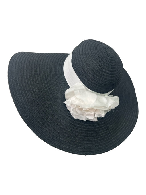 Lauren Ralph Lauren Black & White Raffia Woven Sun Hat Floral Application Hat Black & White / M