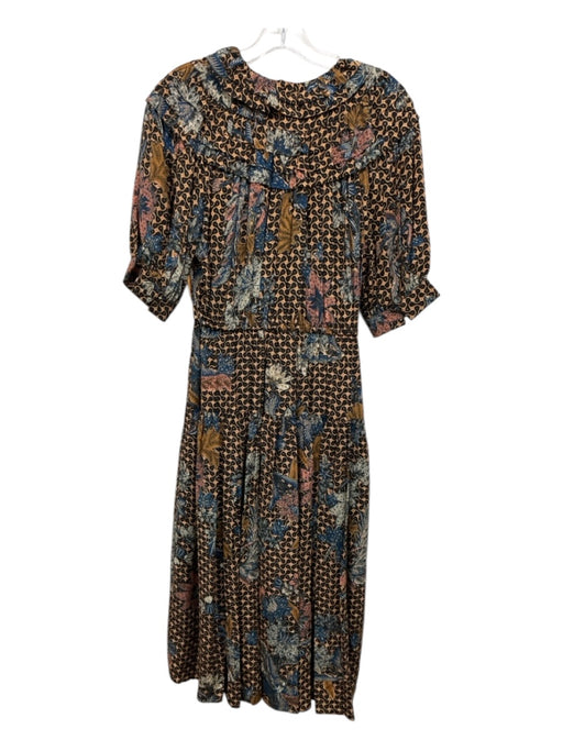 Ulla Johnson Size 6 Brown, Blue & Multi Silk Short Balloon Sleeve V Neck Dress Brown, Blue & Multi / 6