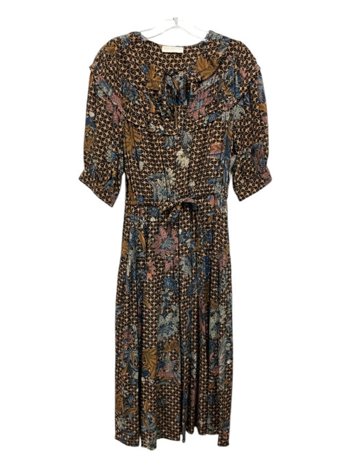 Ulla Johnson Size 6 Brown, Blue & Multi Silk Short Balloon Sleeve V Neck Dress Brown, Blue & Multi / 6