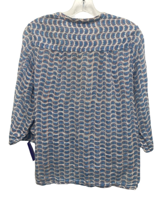 Oliphant Size L Blue, White, Orange Cotton Semi Sheer Geometric Pintuck Top Blue, White, Orange / L