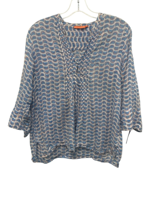 Oliphant Size L Blue, White, Orange Cotton Semi Sheer Geometric Pintuck Top Blue, White, Orange / L