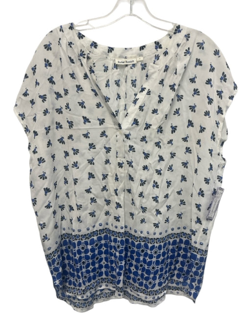 Roller Rabbit Size M White & Blue Viscose abstract flowers V Neck Cap Sleeve Top White & Blue / M