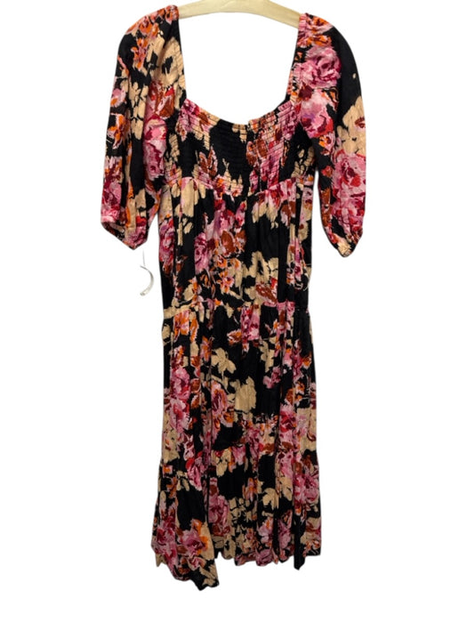 By Anthropologie Size SP Black, Pink & Orange Cotton Abstract Floral Dress Black, Pink & Orange / SP