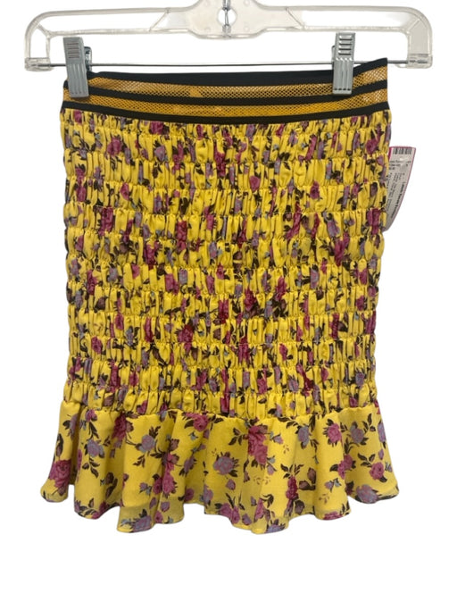 For Love & Lemons Size XS Yellow Silk Blend Smocked Elastic Waist Floral Skirt Yellow / XS