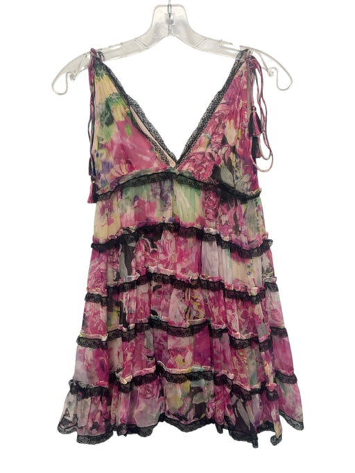 Rococo Sand Size XS Pink & Multi Viscose V Neck Lace Detail Tie Shoulders Dress Pink & Multi / XS