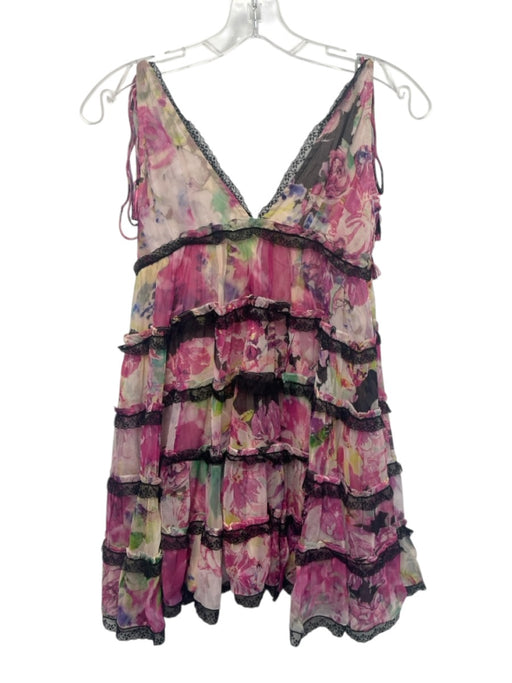 Rococo Sand Size XS Pink & Multi Viscose V Neck Lace Detail Tie Shoulders Dress Pink & Multi / XS