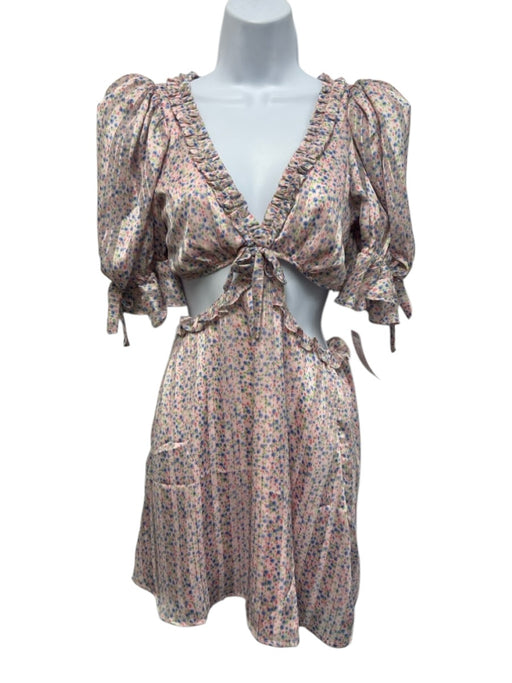 For Love & Lemons Size XS Pink & Multi Polyester V Neck Floral gold accent Dress Pink & Multi / XS