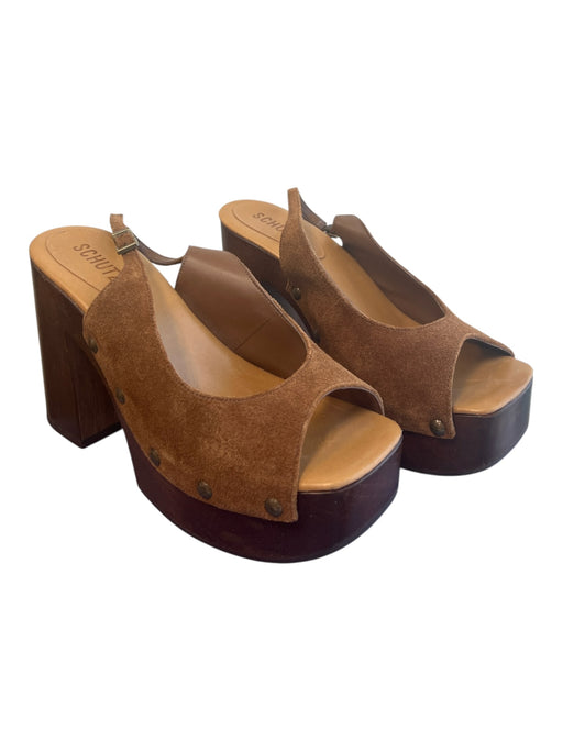 Schutz Shoe Size 7.5 Brown Suede & Wood Slingbacks Open Toe Platform Shoes Brown / 7.5