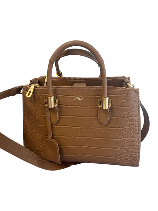 Schutz Light Brown Leather goldtone hardware Croc Embossed Double Handle Bag Light Brown / Medium