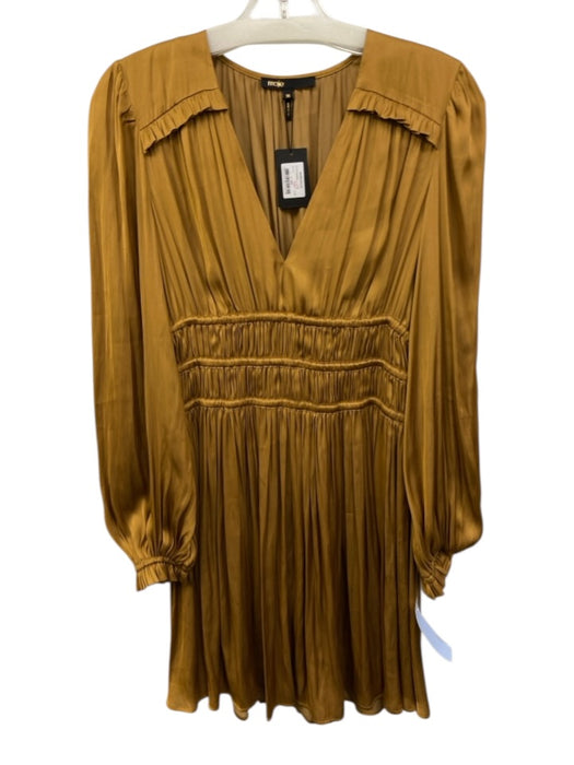 Maje Size 36 Dark Yellow Polyester Gathered Long Balloon Sleeve V Neck Dress Dark Yellow / 36
