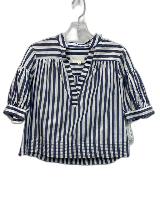 Anthropologie Size XXSP White & Chambray Cotton Striped Split V neckline Top White & Chambray / XXSP
