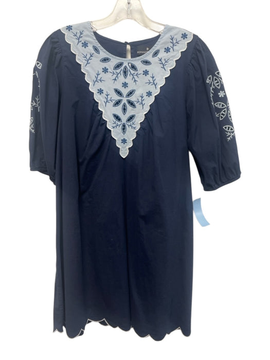 Pomander Place Size S Navy & white Cotton Floral Embroidery Short Sleeve Dress Navy & white / S