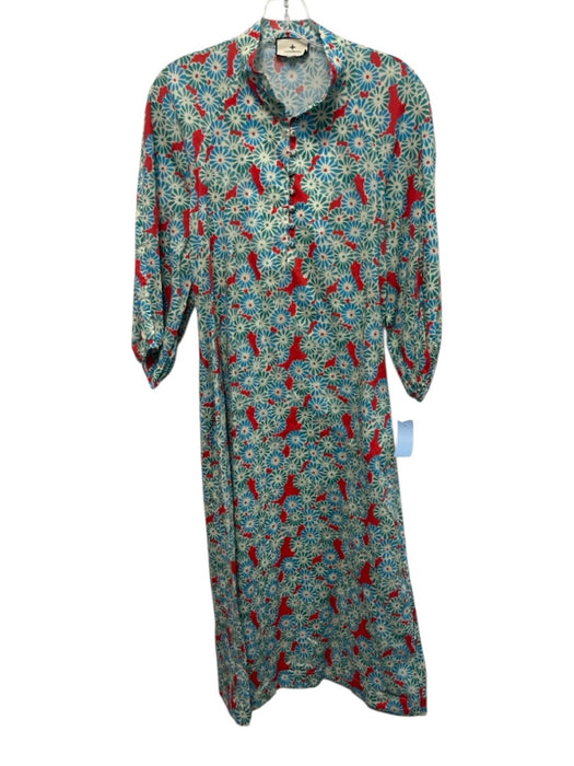 Tuckernuck Size S Red & Blue Cotton Floral Short Sleeve Quarter Button Dress Red & Blue / S