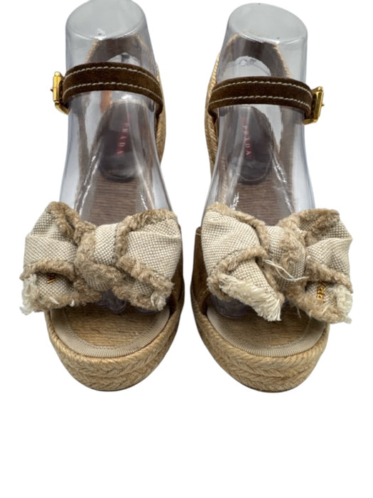 Prada Shoe Size 38.5 Beige & Brown Suede & Canvas Espadrille Bow Detail Wedges Beige & Brown / 38.5