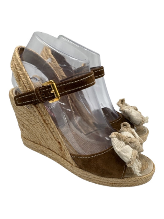 Prada Shoe Size 38.5 Beige & Brown Suede & Canvas Espadrille Bow Detail Wedges Beige & Brown / 38.5