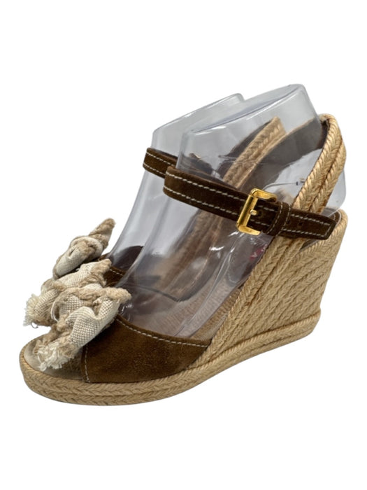 Prada Shoe Size 38.5 Beige & Brown Suede & Canvas Espadrille Bow Detail Wedges Beige & Brown / 38.5