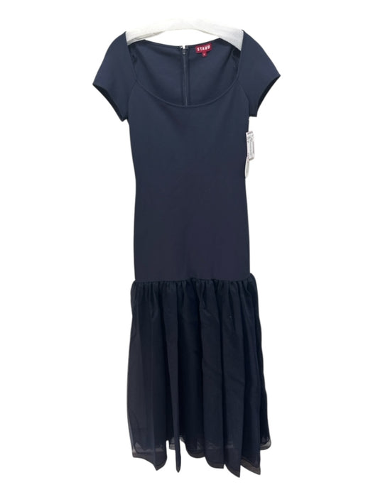 Staud Size M Navy Polyester Blend Short Sleeve Fabric Block Back Zip Maxi Dress Navy / M