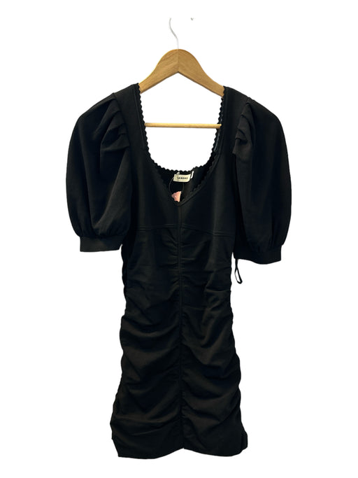 Sandro Size 36 Black Viscose Blend Stretch Ruched Bodice Puff Short Sleeve Dress Black / 36