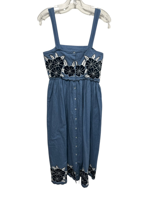 The Great Size 0 Blue Cotton Floral Embroidered Adjustable Strap Midi Dress Blue / 0