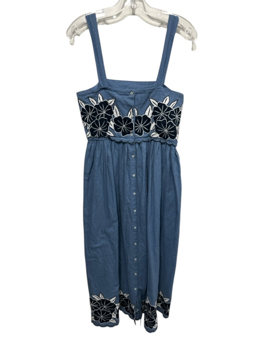 The Great Size 0 Blue Cotton Floral Embroidered Adjustable Strap Midi Dress Blue / 0