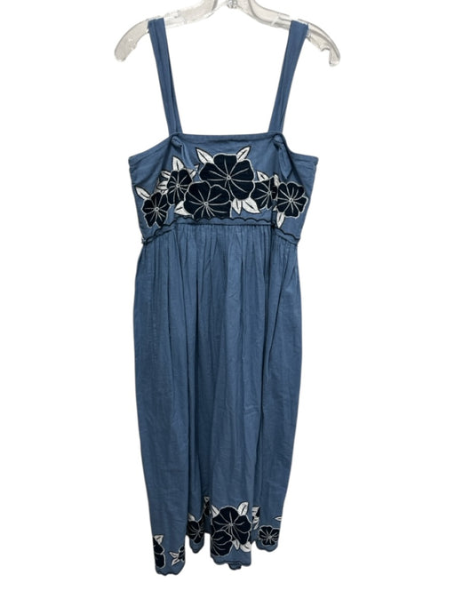 The Great Size 0 Blue Cotton Floral Embroidered Adjustable Strap Midi Dress Blue / 0